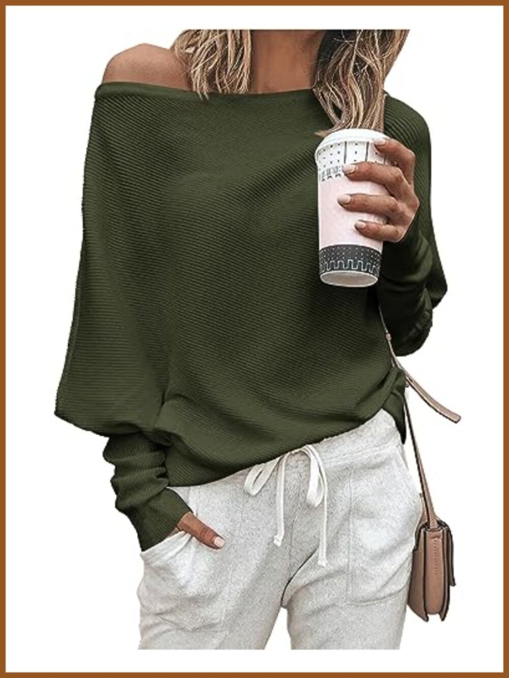 Womens Off The Shoulder Ribbed Knit Pullover Sweater Batwing Long Sleeve